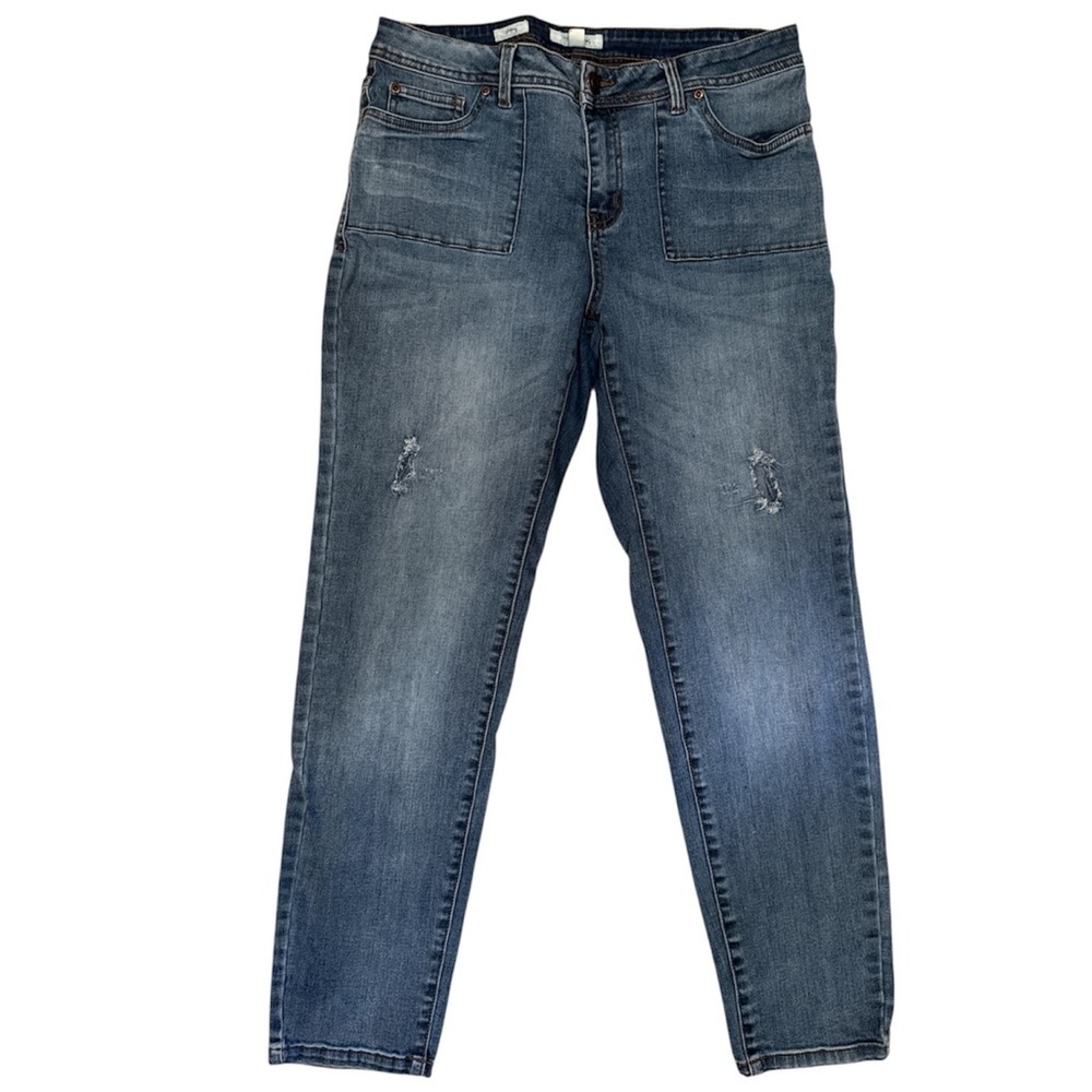 Tribal Distressed Skinny Jeans Stretch Med Wash Denim Front Patch Pockets Sz 12